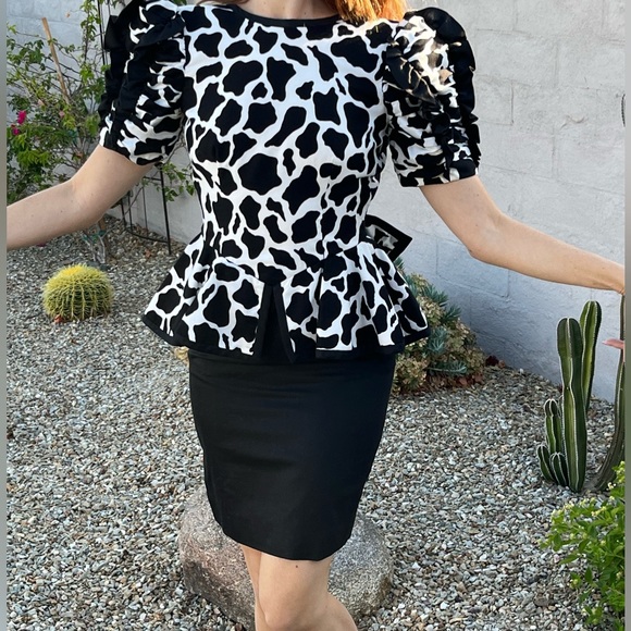 Vintage Peplum ruffle and bow low back cow print peplum dress puff sleeve - Picture 10 of 16